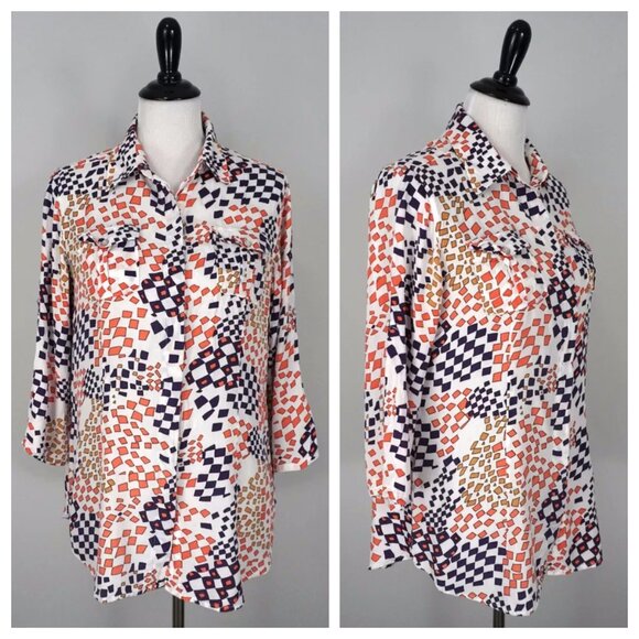CABI White Blue Orange Button Collared Shirt Grand Prix 404 Top Blouse Sz Medium - Picture 2 of 5